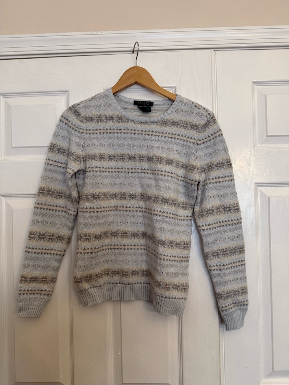 Ralph Lauren Crewneck Sweater in Light Gray with Tan Fair Isle Stripes